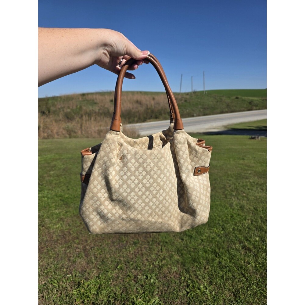 Kate Spade New York Beige Jacquard Logo Satchel Zip, Brown Leather Handles - Picture 3 of 12